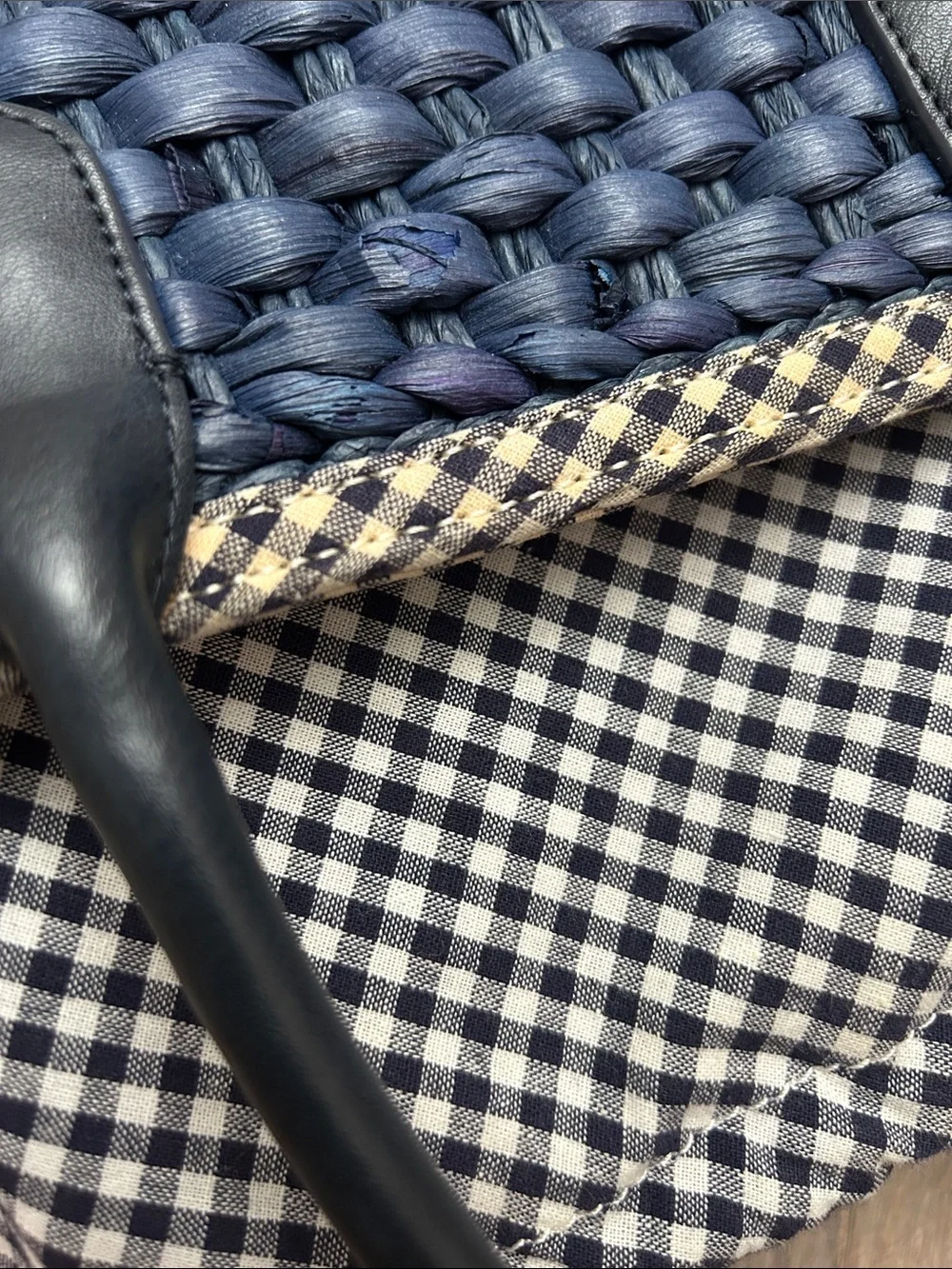 Talbots Navy Woven Tote with Black Faux Leather Handles and gingham lining